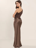 Satin One Shoulder Patchwork Maxi Dress - Sleeveless Backless Slim Club Evening Outfit