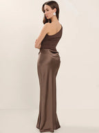 Satin One Shoulder Patchwork Maxi Dress - Sleeveless Backless Slim Club Evening Outfit