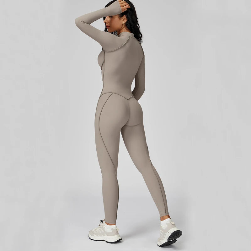 Sculpted Compression Zip-Up Jumpsuit -Beige