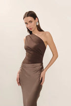 Satin One Shoulder Patchwork Maxi Dress - Sleeveless Backless Slim Club Evening Outfit