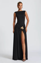 Metal Flower Backless Ruched Maxi Dress