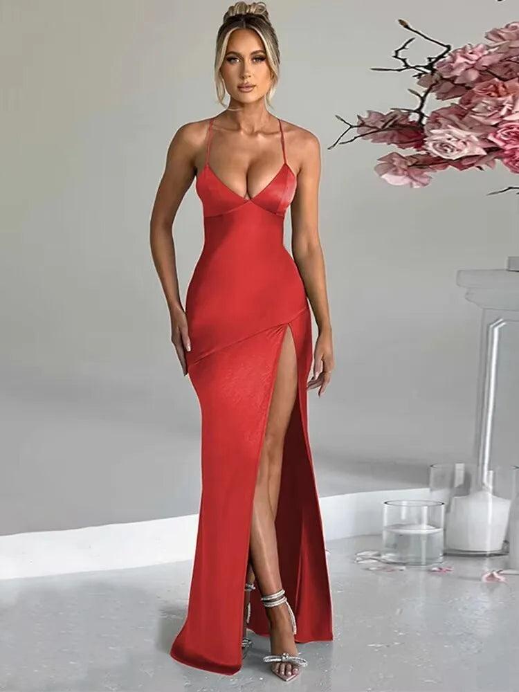 Elegant Satin Evening Dress – Backless Slim Fit with Side Slit