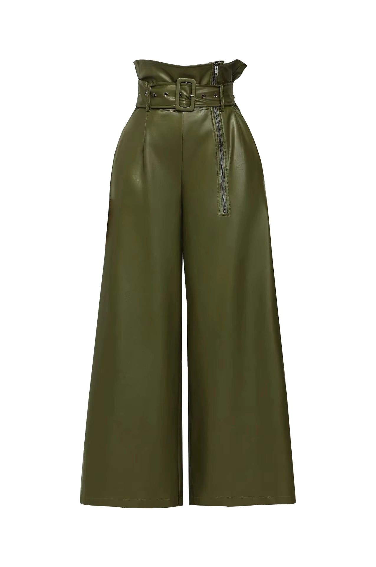 High Waist PU Leather Wide -Green