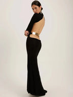 Backless Black Long Sleeve Maxi Dress – Elegant Bodycon Party Gown for Women