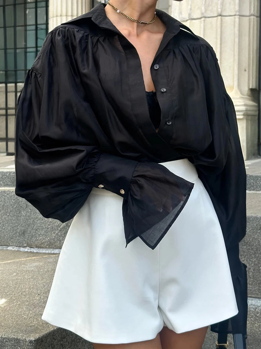 Loose Office Collared Shirt – Flare Sleeve Solid Chiffon Blouse