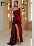 One-Shoulder Sequin Velvet Gown