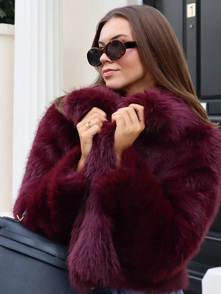 Burgundy Faux Fur Coat – Vintage Long Sleeve High Street Jacket for Women
