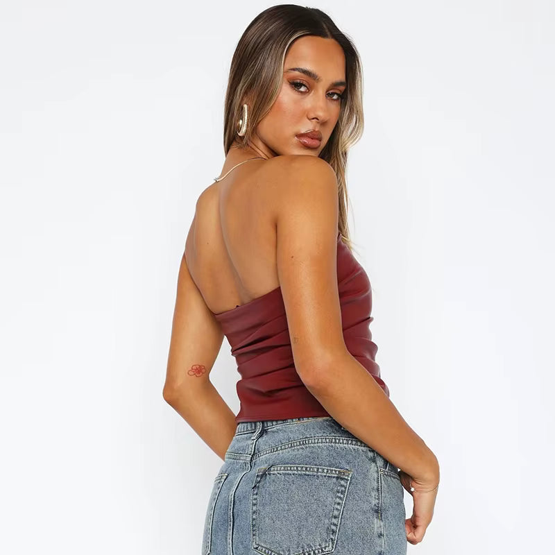 Sexy jednobarevný top z PU kůže s kapucí a zipem pro ženy – bez rukávů, přiléhavý, klubový, krátký top