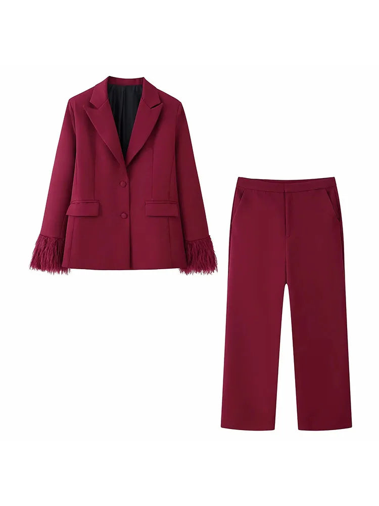 Women’s Blazer and Pants Set – Elegant Lapel Button Coat & Wide-Leg Trousers Outfit