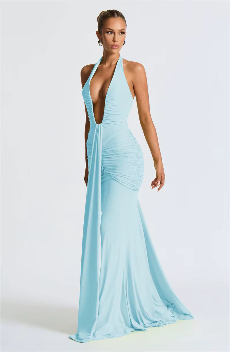 Deep V-Neck Ruched Maxi Dress – Backless Halter Club Dress for Women