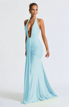 Deep V-Neck Ruched Maxi Dress – Backless Halter Club Dress for Women