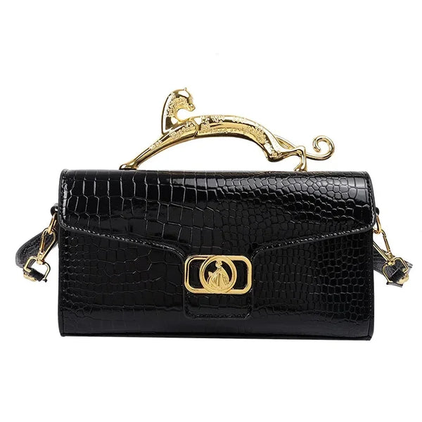 Croc-Embossed Luxe Bag with Golden Panther Handle