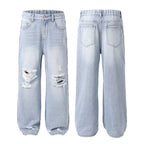 Light Blue Ripped Wide-Leg Jeans – High Waist Distressed Streetwear