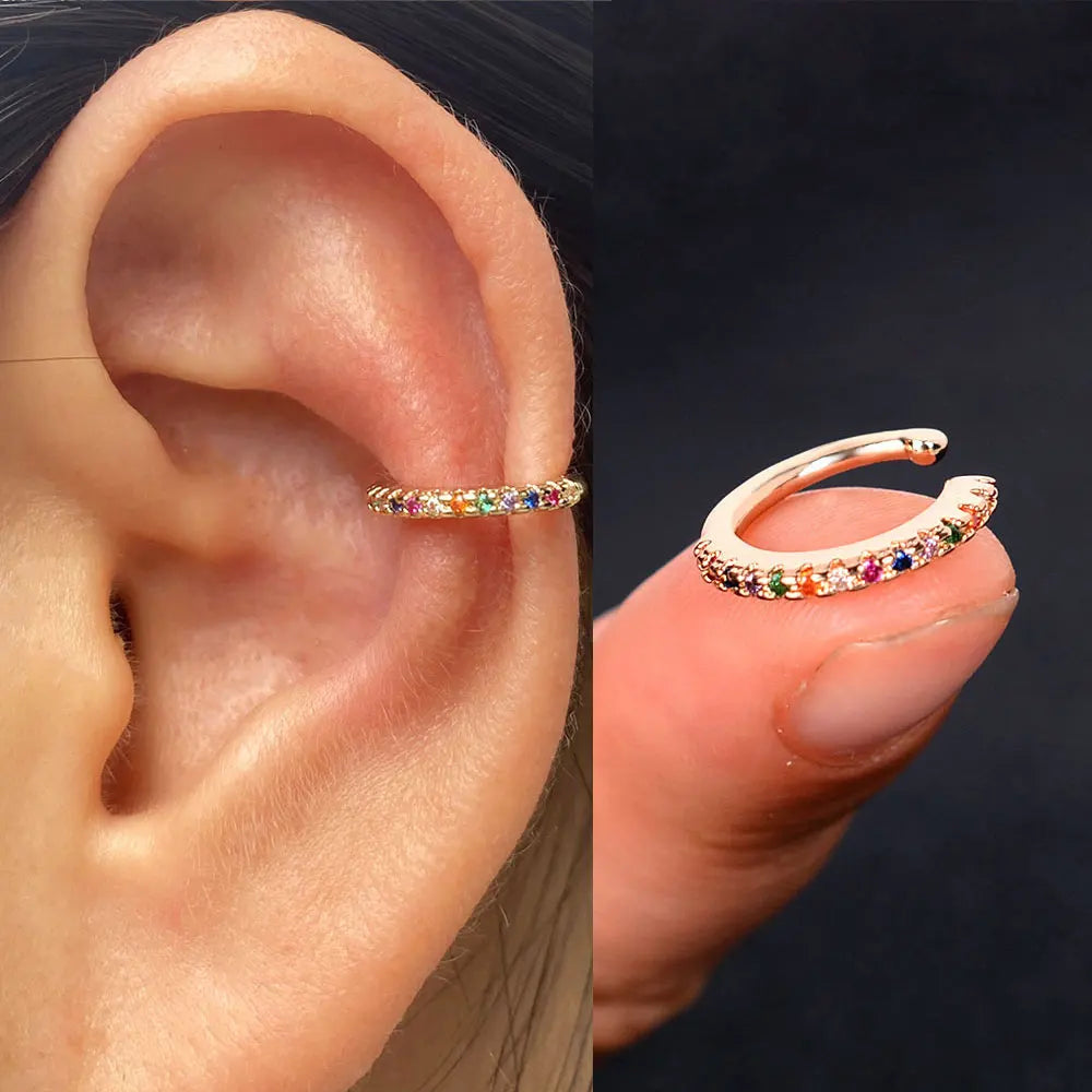 1pc Rainbow CZ Clip-On Ear Cuff – Non-Piercing Geometric Wrap Earring for Women & Girls