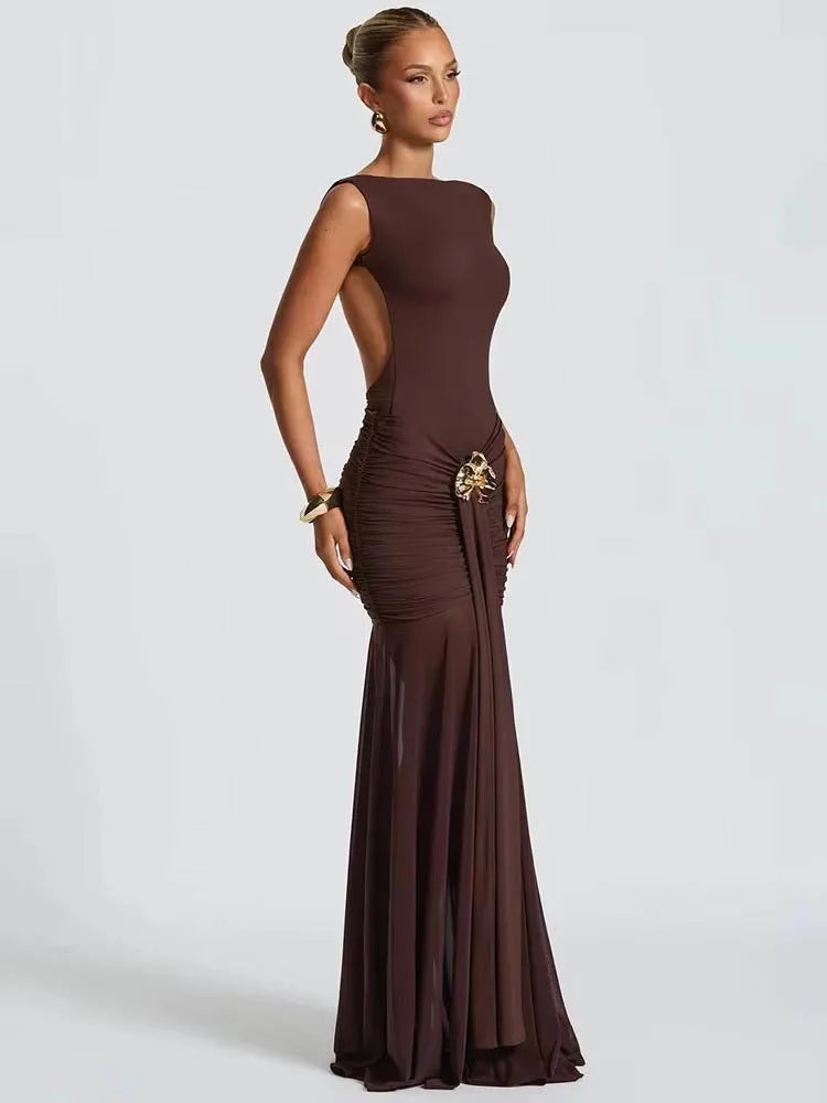 Metal Flower Backless Ruched Maxi Dress