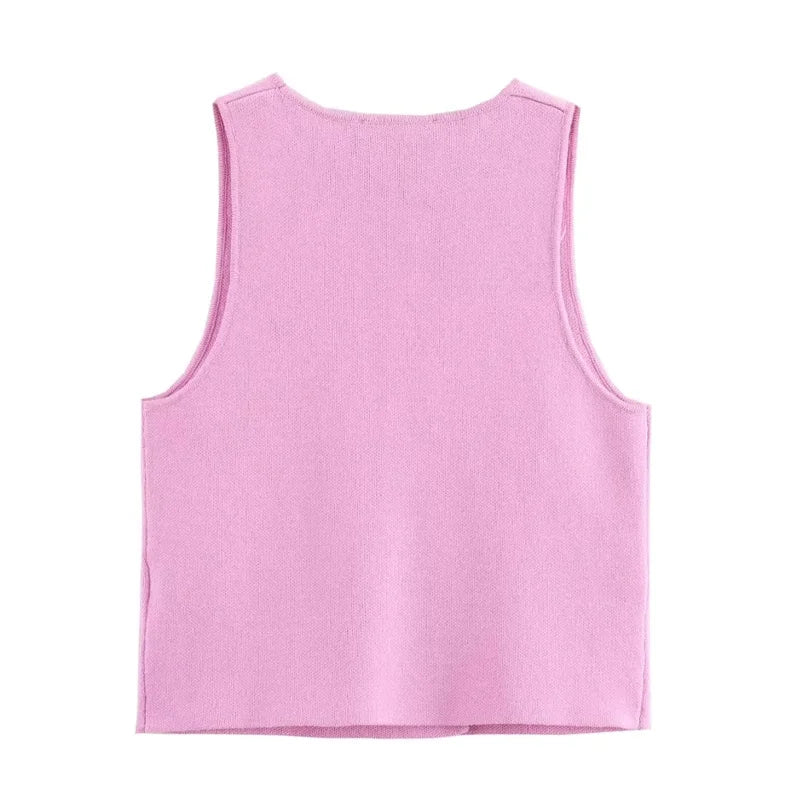Women’s Cropped Pink Vest – Double-Breasted Sleeveless Top