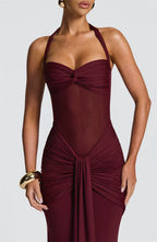 Halter Backless Maxi Dress – Sexy Ruched Off-Shoulder Bodycon Clubwear for Women