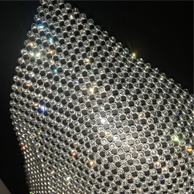 Rhinestone Chainmail Halter Top – Backless Metallic Drape Style