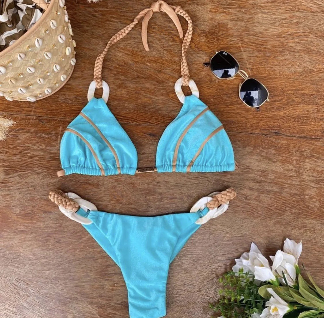 Women’s Two-Piece Bikini – Triangle Top with Beaded Ring Straps