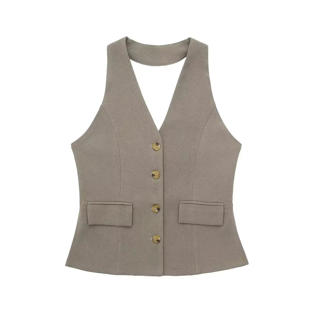 Women’s 2-Piece Office Set – Halter Vest Top & High Waist Wide-Leg Pants with Pockets