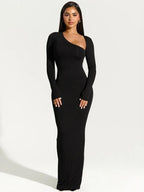 Elegant Black Evening Maxi Dress – Women's Asymmetrical Long Sleeve Split Gown for Fall & Winter Parties