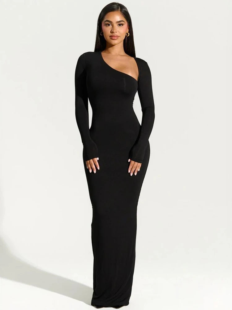 Elegant Black Evening Maxi Dress – Women's Asymmetrical Long Sleeve Split Gown for Fall & Winter Parties