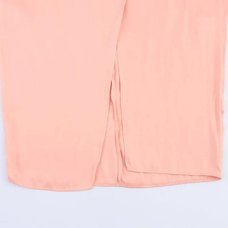 Women’s Pink Satin 2-Piece Skirt Set – Backless Halter Crop Top & High Waist Pleated Midi Skirt