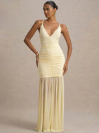 Backless Pleated Spaghetti Strap Maxi Dress – Elegant Ruched V-Neck Gown