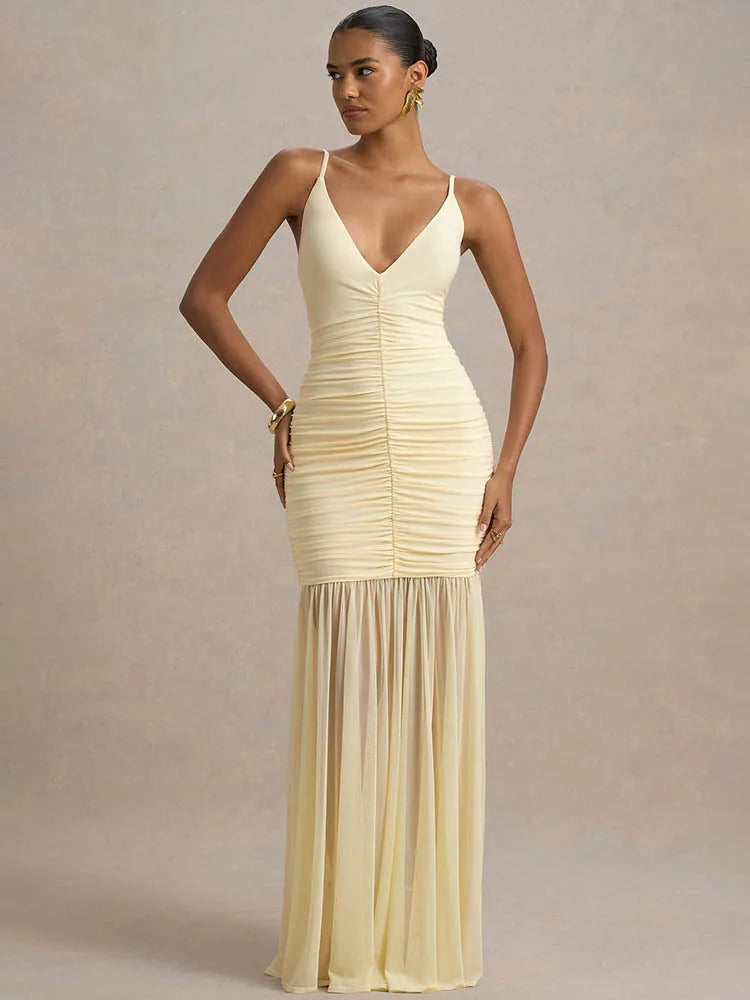 Backless Pleated Spaghetti Strap Maxi Dress – Elegant Ruched V-Neck Gown
