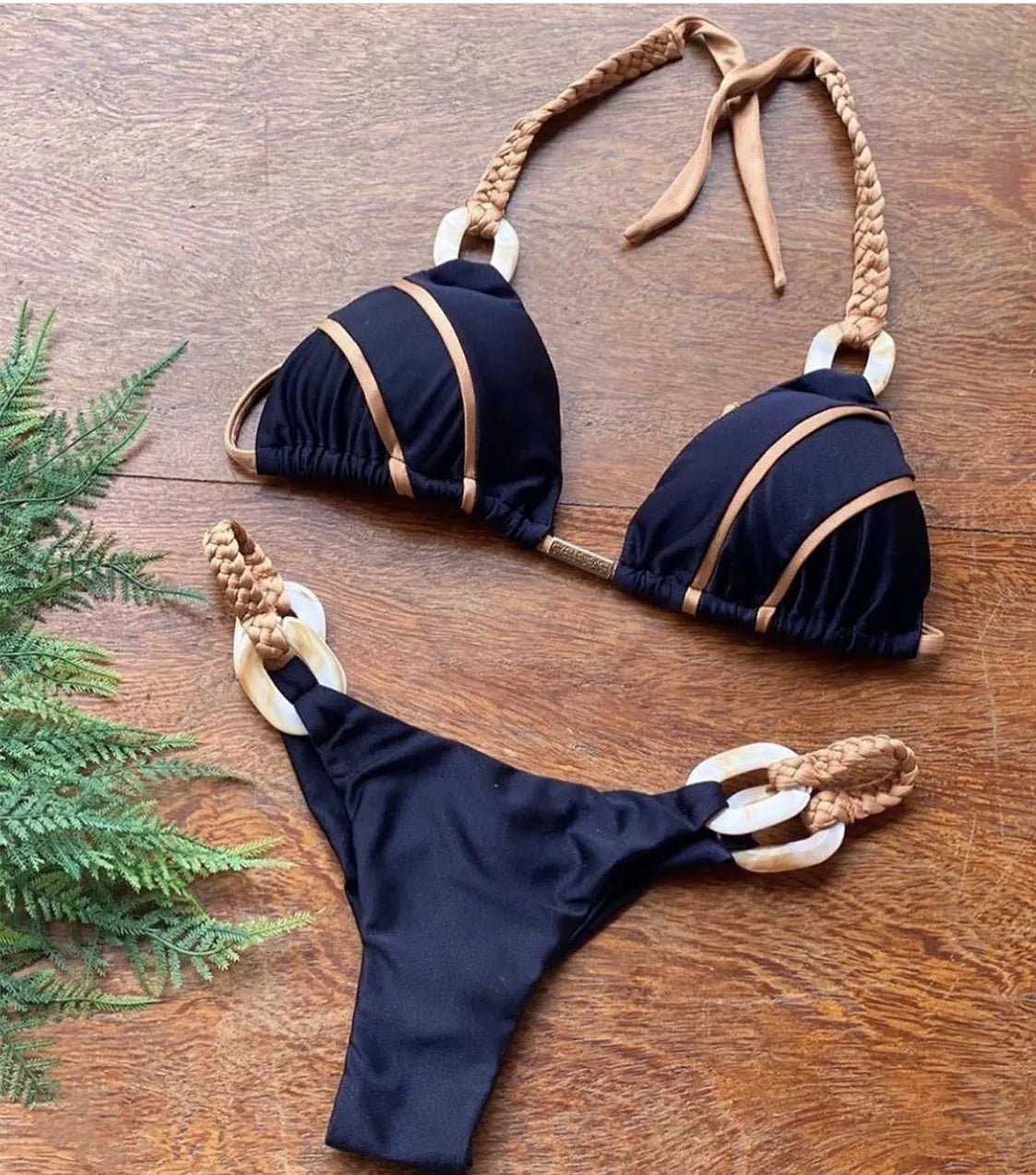 Women’s Two-Piece Bikini – Triangle Top with Beaded Ring Straps