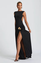 Metal Flower Backless Ruched Maxi Dress