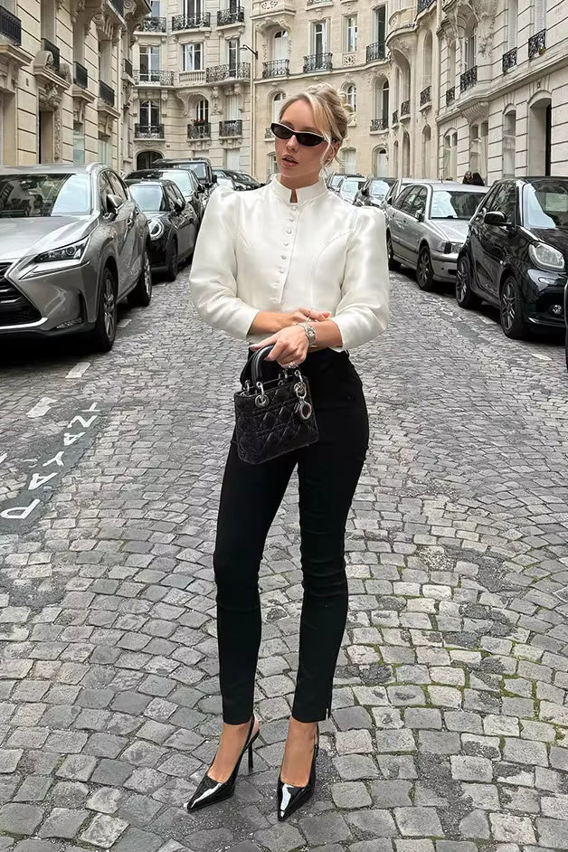 Strukturierte Satin-Schößchenbluse – Weiß