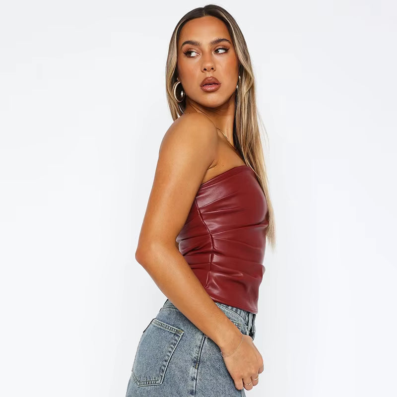 Sexy Tanktop mit Reißverschluss für Damen – ärmelloses, figurbetontes Clubwear-Crop-Top aus PU-Leder