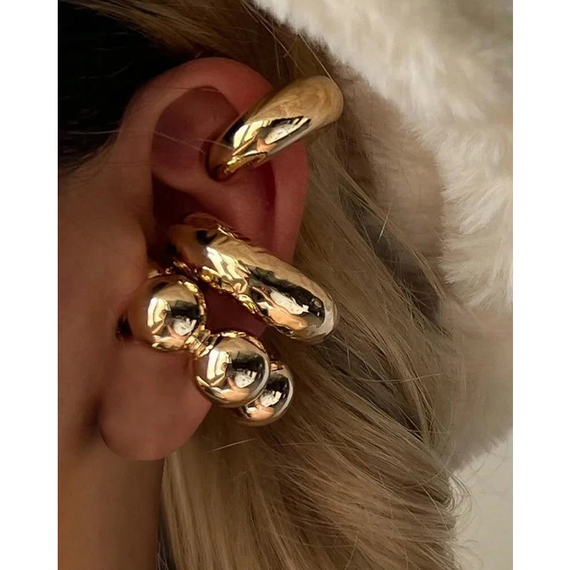 Exaggerated Wide Gold Clip-On Earrings for Women – Irregular Shape, Boho Style, Non-Piercing Metal Set