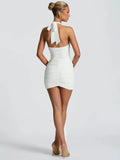 Metal Flower Halter Mini Dress – Sexy Ruched Backless Club Dress for Women