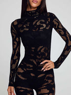 Sheer Hollow Long Sleeve Bodycon Jumpsuit