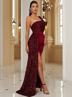 Einseitig schulterfreies Pailletten-Samtkleid 