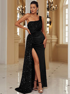 Einseitig schulterfreies Pailletten-Samtkleid 