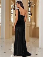 Einseitig schulterfreies Pailletten-Samtkleid 