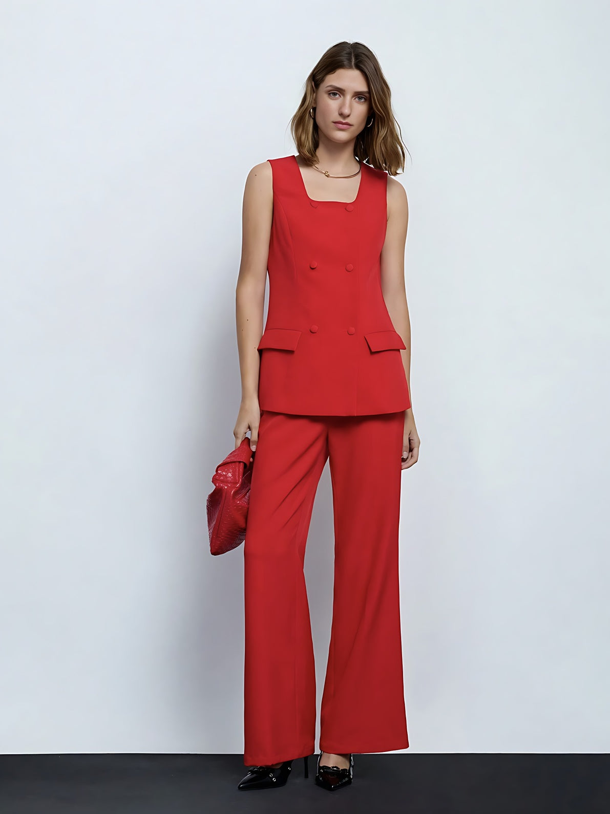 Women's Vintage Two-Piece Suit Set – Sleeveless Vest & Split Straight-Leg Pants | Spring Summer Office Outfit