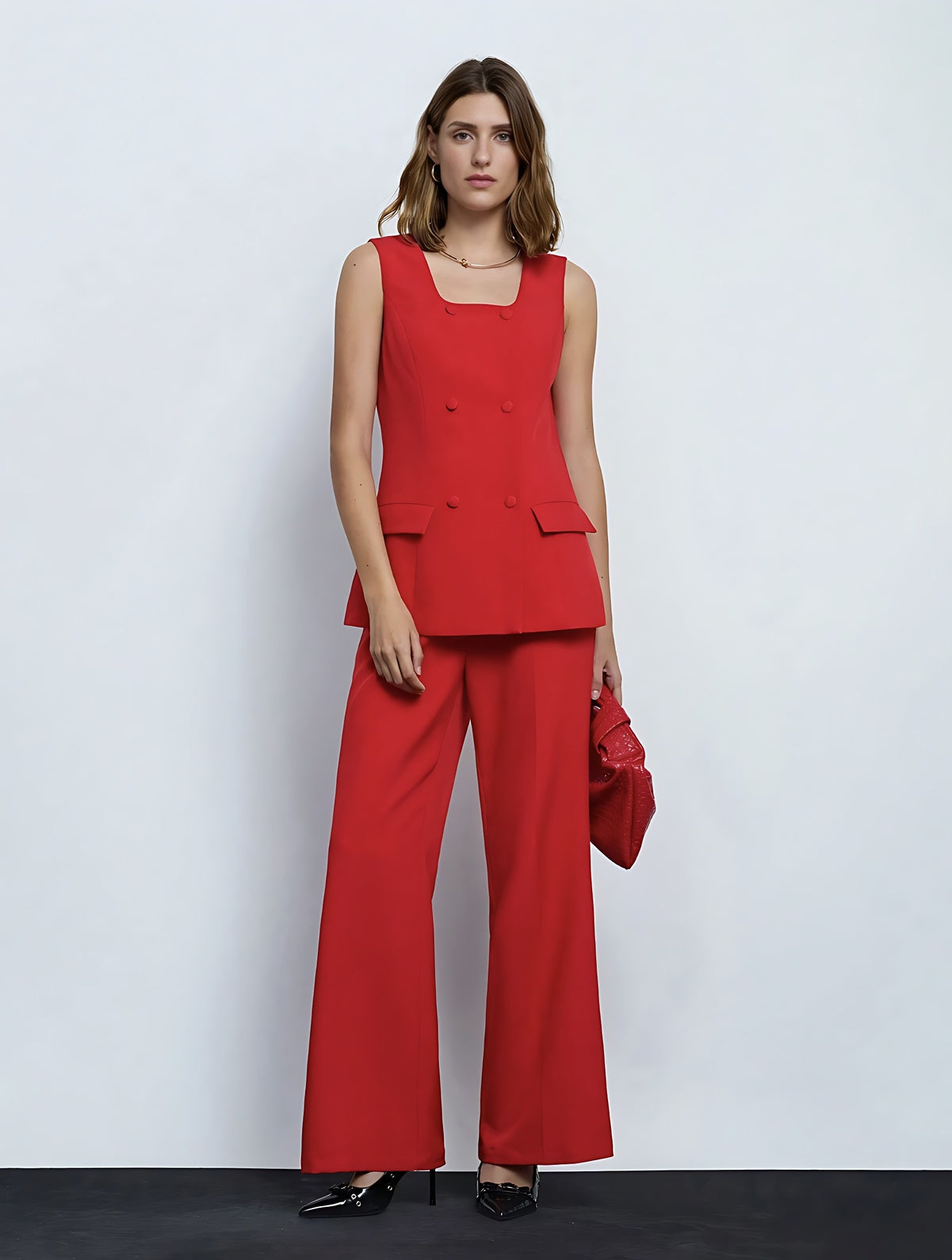 Women's Vintage Two-Piece Suit Set – Sleeveless Vest & Split Straight-Leg Pants | Spring Summer Office Outfit