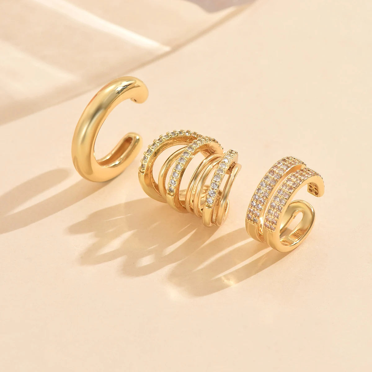 3pcs Gold Zircon Clip-On Earrings Set for Women – Non-Piercing Cuff Style, Trendy Geometric Design
