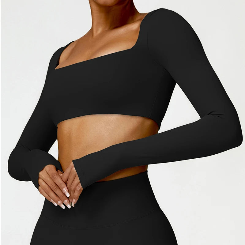 Seamless Square Neck Gym Top – Long Sleeve Compression Crop