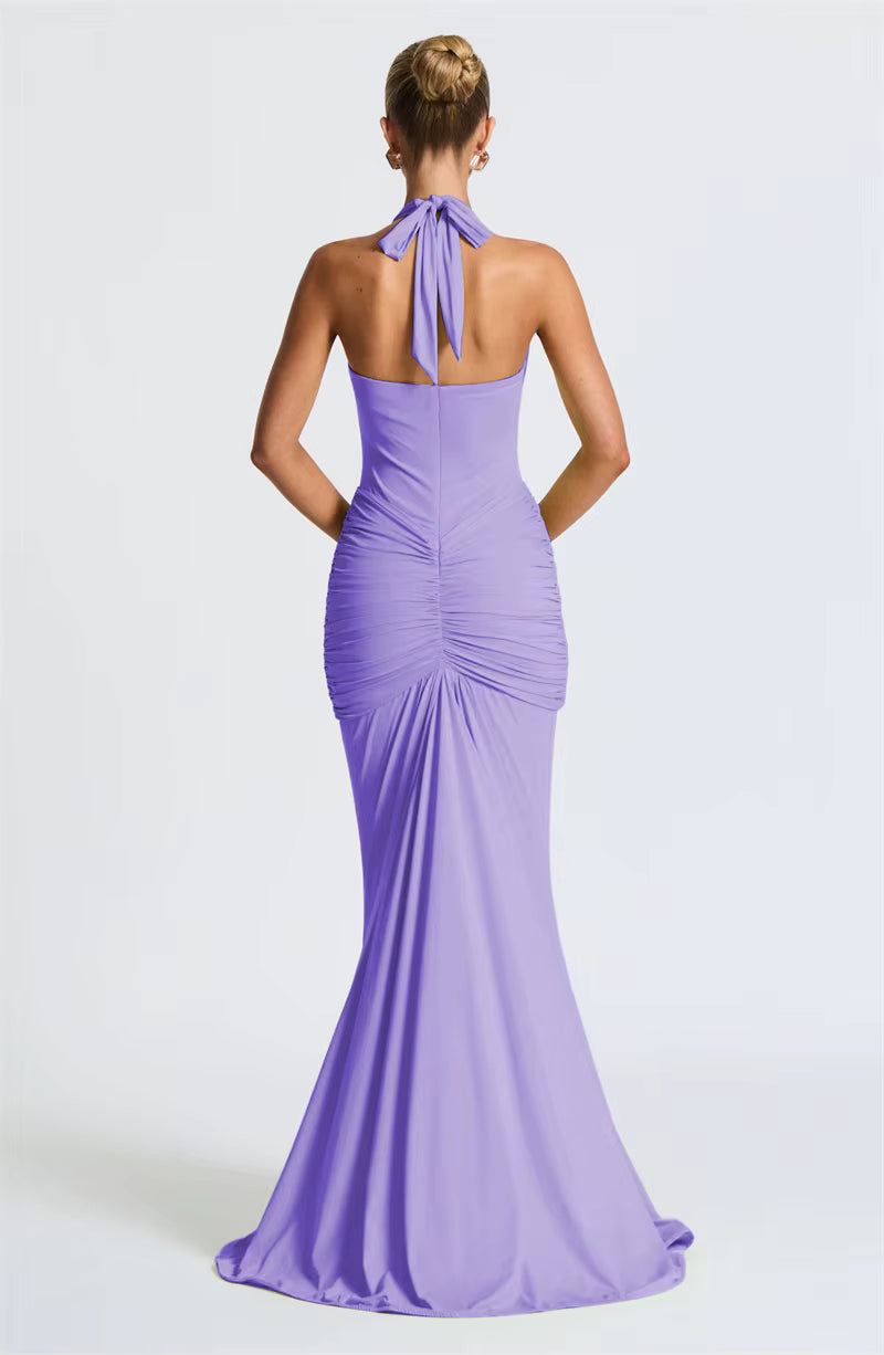 Deep V-Neck Ruched Maxi Dress – Backless Halter Club Dress for Women