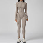 Sculpted Compression Zip-Up Jumpsuit -Beige