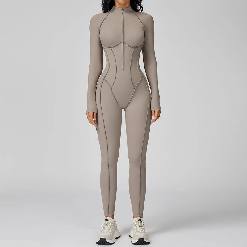 Sculpted Compression Zip-Up Jumpsuit -Beige