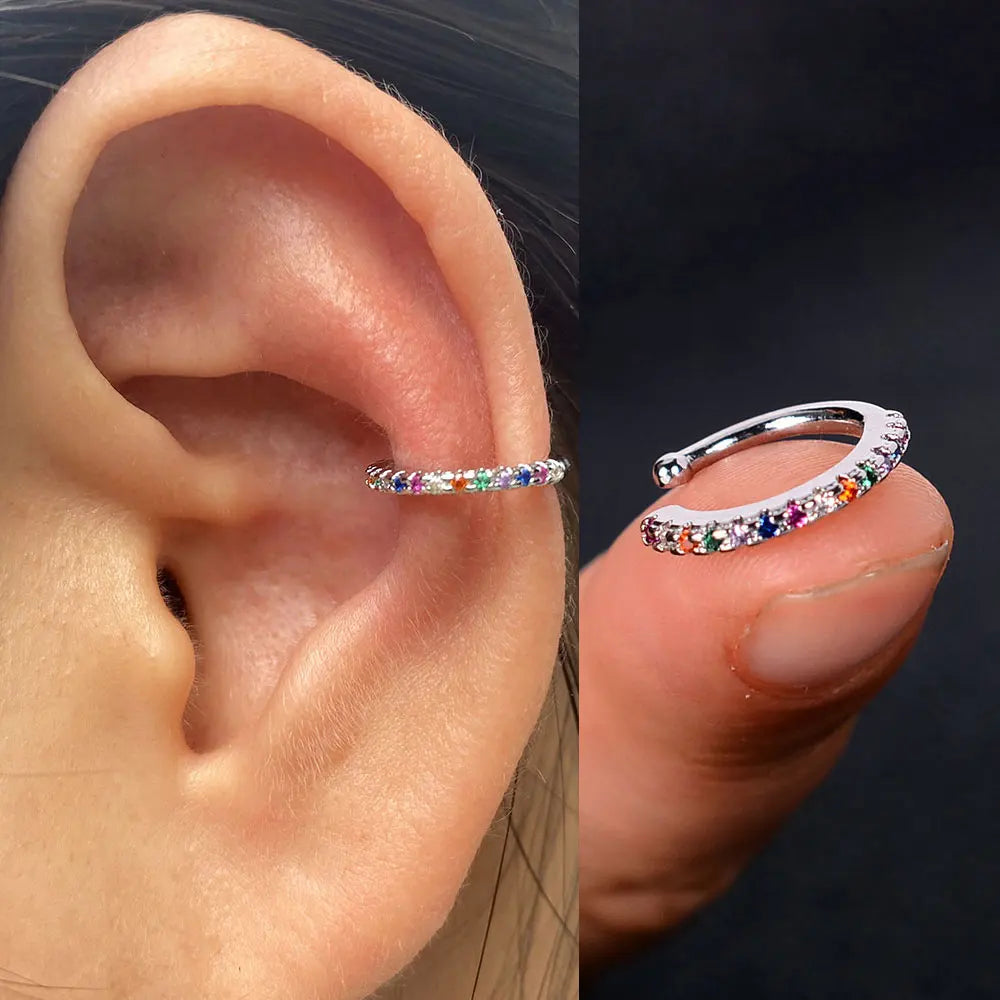 1pc Rainbow CZ Clip-On Ear Cuff – Non-Piercing Geometric Wrap Earring for Women & Girls