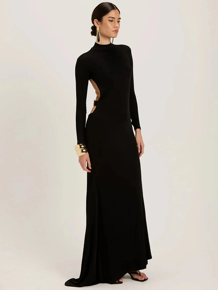 Backless Black Long Sleeve Maxi Dress – Elegant Bodycon Party Gown for Women
