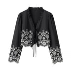 Women's Embroidered Cropped V-Neck Blouse with Lace-Up Detail – Summer Retro Chic Top