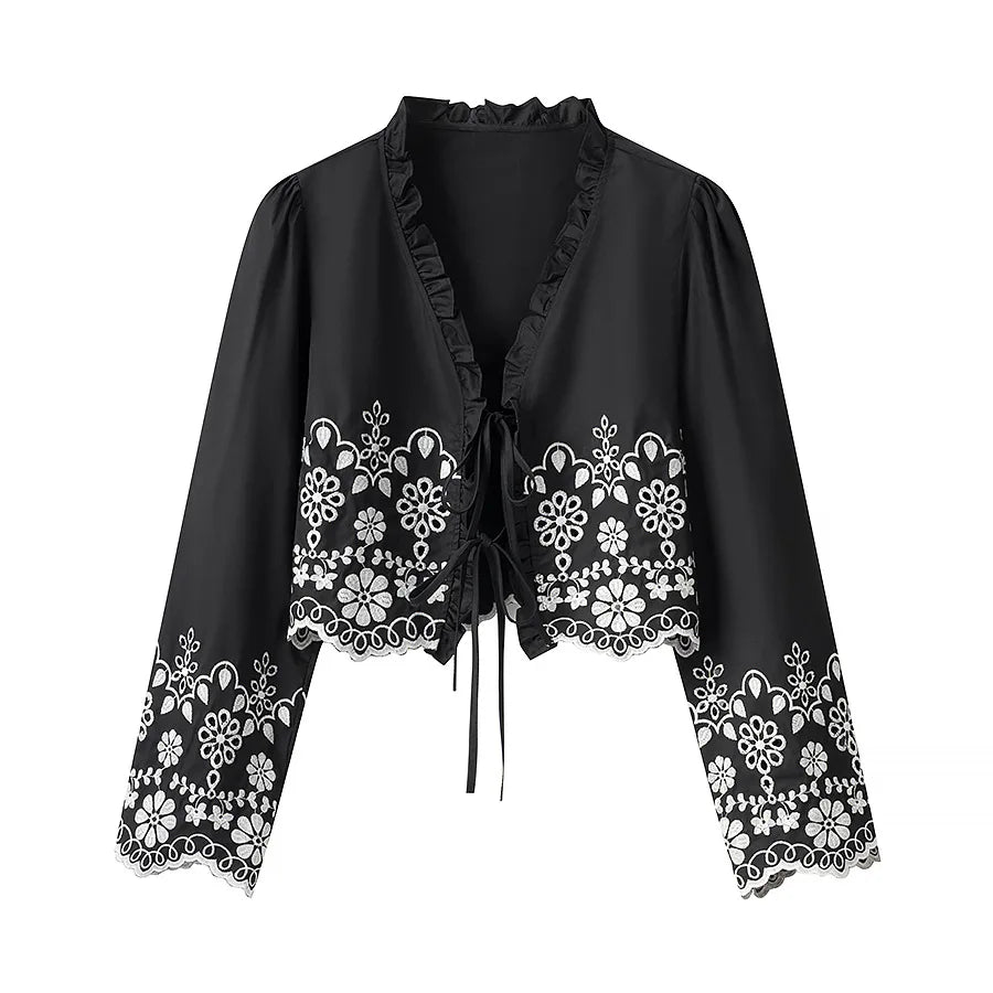 Women's Embroidered Cropped V-Neck Blouse with Lace-Up Detail – Summer Retro Chic Top